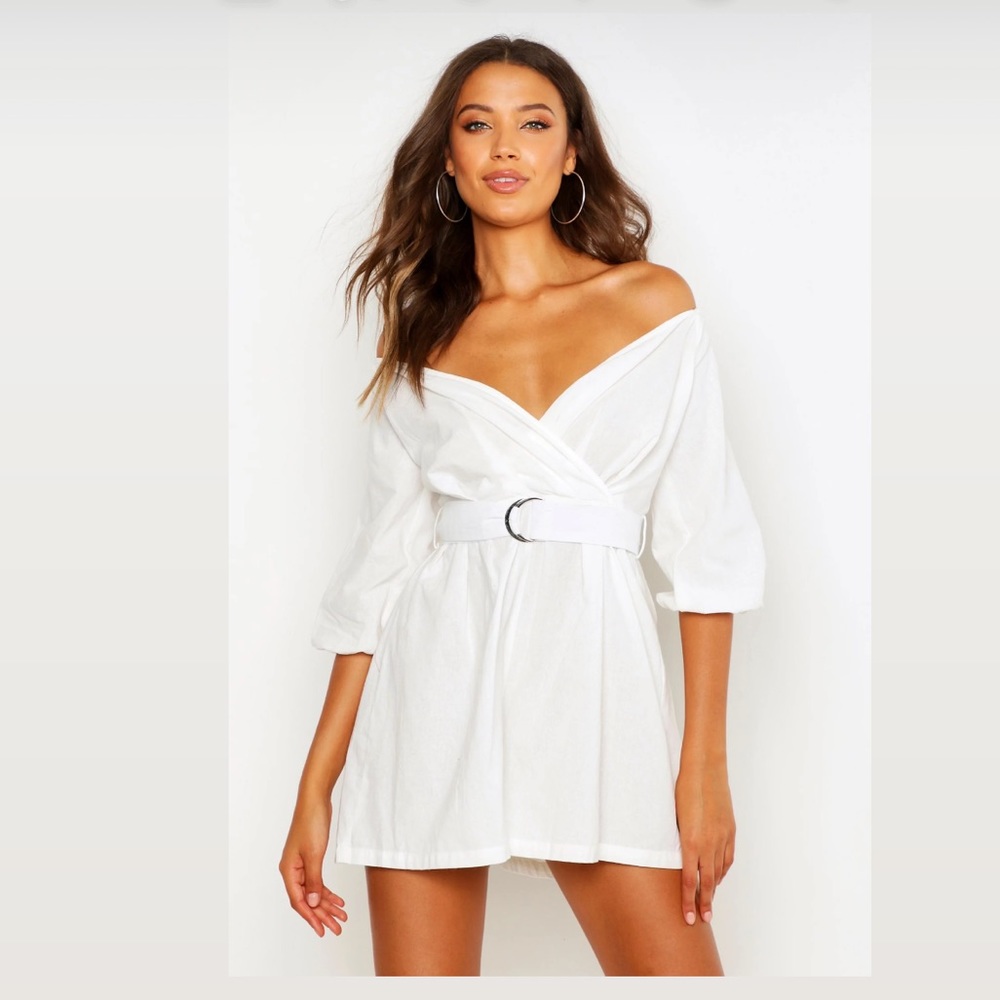 Tall Linen Mix Off The Shoulder Belted Wrap Romper